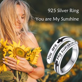 URONE Faith Cross Rings Adjustable Sterling Silver Faith Over Fear Cross Rings Christian Religious Jewelry Gifts For Women Men (you are my sunshine ring)
