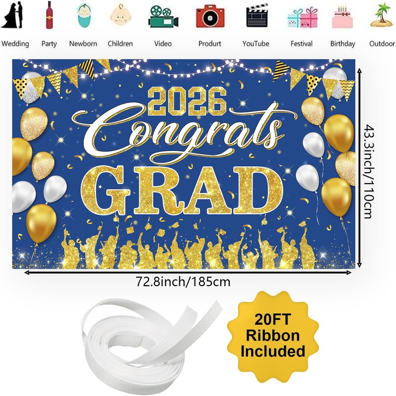 Class of 2026 Graduation Banner Decorations - 72.8'' x 43.3''