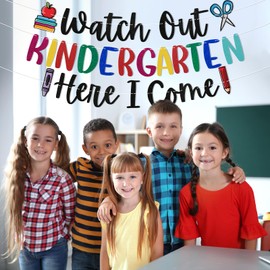 Watch Out Kindergarten Here I Come Banner,Happy First Day of Kindergarten,Welcome Back to School Banner Decorations, First Day of School Banner Decorations, Back to School Classroom Decorations.Colorful Glitter