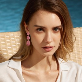 EleQueen Wedding Dainty Triple Teardrop Crystal Earrings for Women, Lightweight Rhinestone Dangling Waterdrop Bridal Prom Costume Jewelry Gift for Brides Bridesmaid Pink Gold-Tone