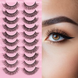 False Eyelashes 10 Pairs Natural Wispy Lashes, Lightweight Strip Lashes with Clear Band, Russian D Curl, Reusable, Soft Everyday Look
