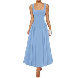 ZESICA Womens 2025 Summer Sleeveless Square Neck Sundress Casual Long Flowy A Line Knit Dress Beach Vacation Maxi Dresses,Blue,Medium