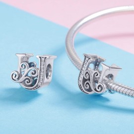 BISAER 925 Sterling Silver Initial Letter U Charms for Bracelets Alphabet Beads Charm Jewelry Gifts