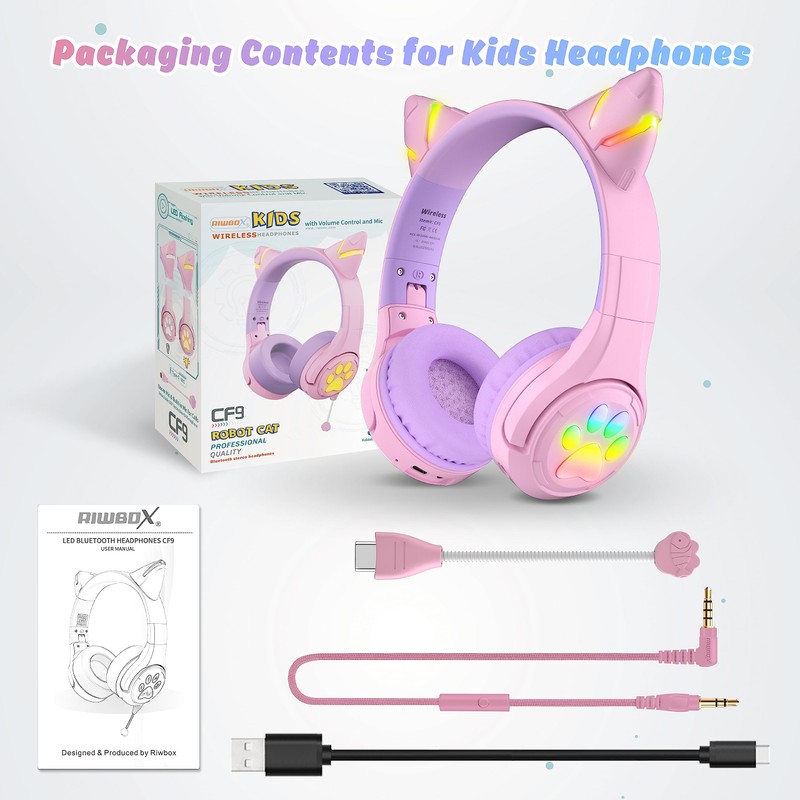 Riwbox CF9 - Auriculares Bluetooth para niños con luz LED,