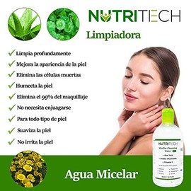 Agua Micelar con Vitamina C, aloe vera, manzanilla y centella, ideal para limpiar y desmaquillar, no requiere enjuague, 500 ml.
