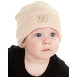 Funky Junque Classic Knit Winter Hat with Suede Patch - Baby - Beige