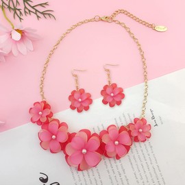 Bocar Acrylic Pendant Collar Statement Flower Choker Necklace for Women (NK-10241-Pink-set)