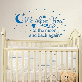 WE Love You to The Moon and Back Again, Quote Wall Art Sticker Decal, for Baby Boys or Girls Nursery, Medium Blue, 75x41 cm