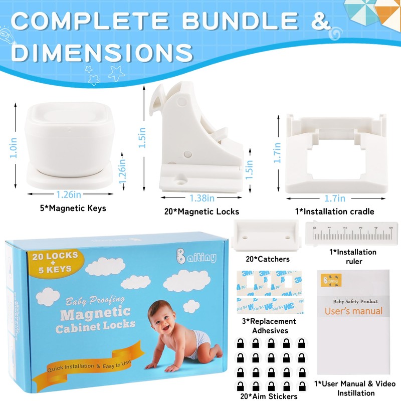 20 Pack Magnetic Cabinet Locks Baby Proofing - Baitiny Child