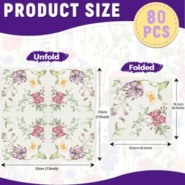 80 PCS Purple Flowers Paper Napkins, 3-Ply Disposable Hand Towels Watercolor Butterflies Napkins, 6.5×6.5 Inch Cocktail Napkins for Spring, Guest, Bathroom, Anniversary, Birthday and Wedding