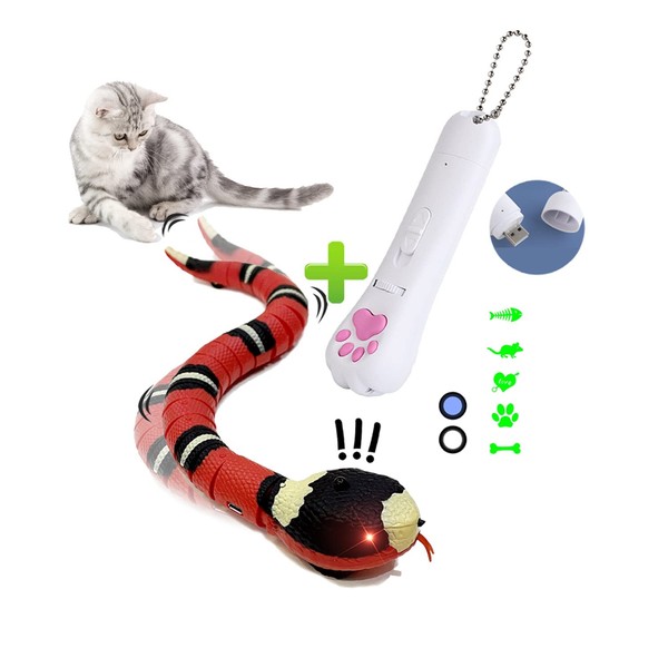 2PC Cat Toy Snake for Cat, Smart Sensing Snake Rechargeable, Automatically Sense Obstacles and Escape, Wiggling Snake Cat Toys for Indoor Cats, Plus Pet Projection Toy