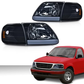 LED Style Headlight Assembly Compatible with Ford F150 1998-2003, Fit Ford F250 1997-1999, Fit Expedition 1997-2002, Driver & Passenger Side, Front Headlamp,Smoky Lens Black Housing Amber Reflector