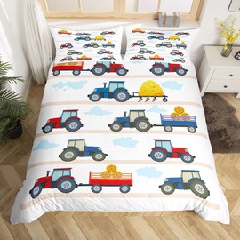 Children's Baby Tractor Bed Linen 135 x 200 cm Tractor Vehicles Excavator Combine Harvester Bedding Set Girls Boys Teenagers Cars Decor Soft Microfibre Duvet Cover Set with 1 Pillowcase 80 x 80 cm
