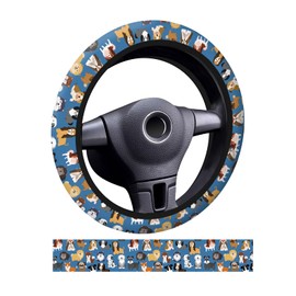 ADQWIOVL Car Steering Wheel Cover, Universal 15 Inch Neoprene Non-Slip Steering Wheel Covers, Funny Car Accessories for Women Men Fit Auto, Suvs, Truck Cute Blue Dogs