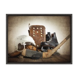 DesignOvation Sylvie Vintage Hockey Gear Sport Print Framed Canvas Wall Art by Shawn St. Peter, 18x24 Dark Grey, Traditional Classic Wall Decor