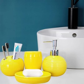 Bathroom Accessories Set 4 Piece Yellow Ceramic Bathroom Decor Accessory Set with Toothbrush Holder,Lotion Dispenser, Soap Dish,Cup