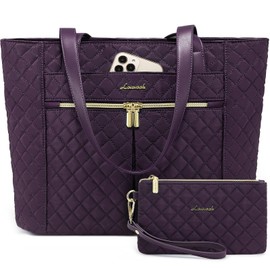 LOVEVOOK Laptop Bag for Women 17 inch,Diamond Quilted Work Tote Bags Womens Laptop Tote Bag Computer Shoulder Bags,Stylish Travel Tote Bags Laptop Purse Case Briefcase Handbag with Clutch Purse,Purple