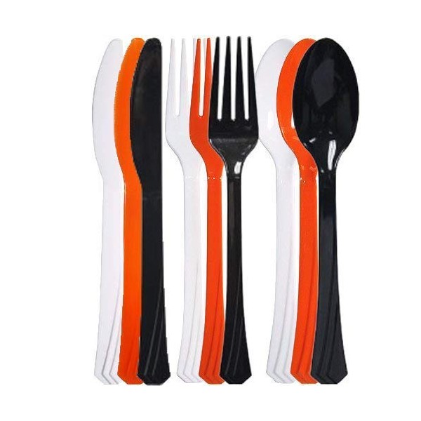 Tiger Chef 216-Piece Black Orange and White Halloween Flatware Party Supplies, Heavyweight Colored Plastic Silverware Includes 72 Forks, 72 Teaspoons, and 72 Knives (Halloween, 216)