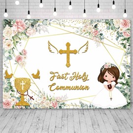 AIBIIN 7x5ft First Holy Communion Backdrop God Bless Girls Baptism Party Decorations Christening Ceremony Newborn Baby Shower Photography Background Pink Floral Favors Gifts Photo Supplies