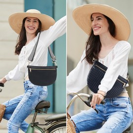 Woven Crossbody Bags for Women Leather Belt Bum Sling Purse Fanny Waist Pack Chest Shoulder Bag for Women-Black