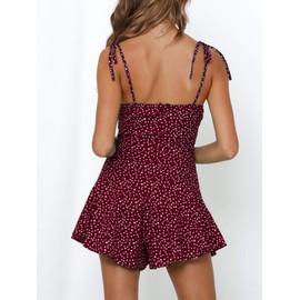 Jeanewpole1 Womens Summer Spaghetti Strap Jumpsuit Casual Flower Printed Beach Short Romper Wine Red
