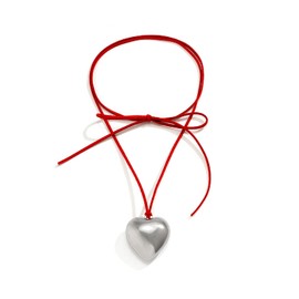 Simple Big Heart Pendant Adjustable Colorful Velvet Chain Meatl Heart Necklaces Y2K Trendy Chunky Puffy Heart Choker Jewelry Accessories for Women-Red