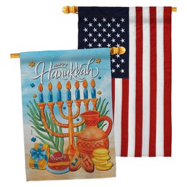 Hanukkah Feast Home Decor American Flag Banner Pack Wall Art Patio Porch Lawn Garden Outdoor Decorations Tapestry Yard Signs Menorah Jewish Chanukah festival Jews Hebrews Isreal Star David Made In USA