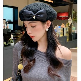Women Beret Hat Trendy Bow Pearl Woven Beret Summer Hollow Out Hat Slouchy Crochet French Artist Cap Floral Beanie Hat
