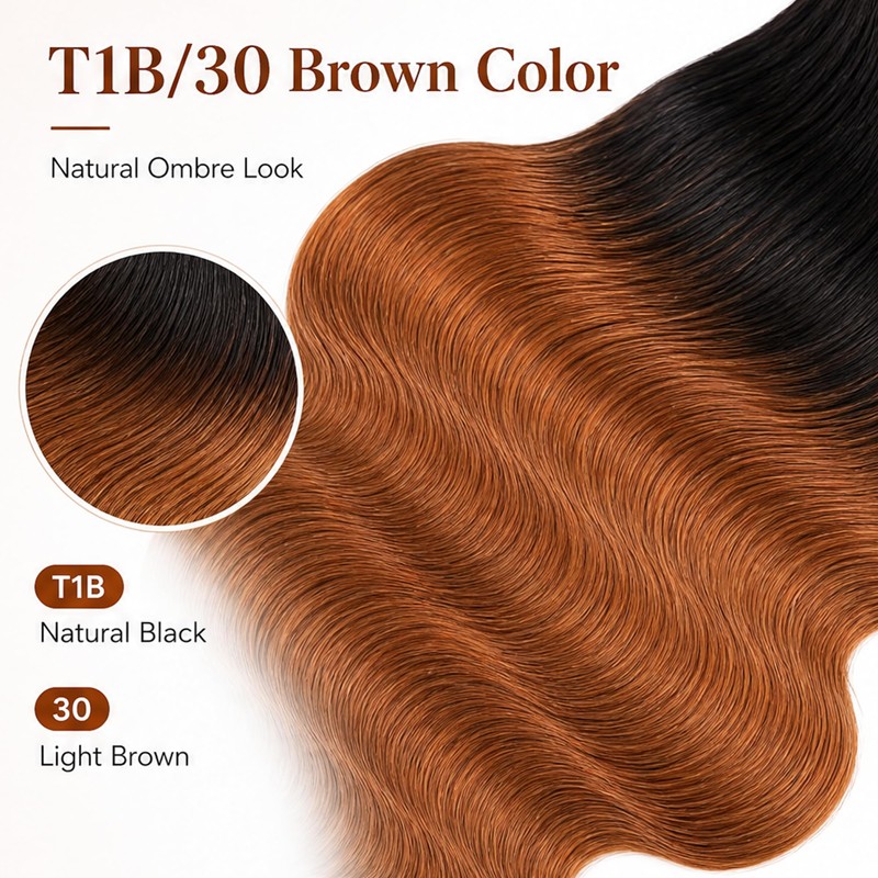 T1B/30 Ombre Light‑Brown Body‑Wave 3‑Piece Hair Bundles, 18‑20‑22 Inches