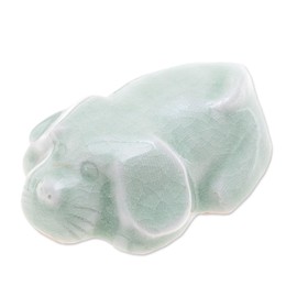 NOVICA Scolded Pup Celadon Ceramic Figurine