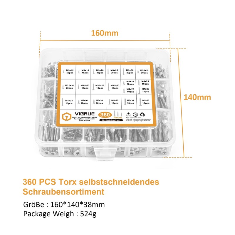 VIGRUE 360-Piece Stainless Steel Screws Set M3 M3.5 M4 M5,