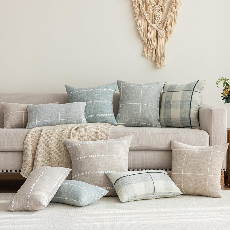 vctops Rustic Lattice Cotton Linen Decorative Throw Pillow Cover Embroidery