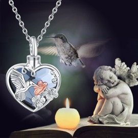 AENEAS Valentines Day Gifts for Women Hummingbird Urn Necklace for Ashes Sterling Silver Heart Hummingbird Cremation Necklace Bird Jewelry Christmas Memorial Gifts for Wife Her Mom