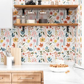 ILHIIOR Colorful Floral Wallpaper Boho Peel and Stick Wallpaper Leaf Vintage Contact Paper Cute White Floral Wall Paper Removable Wallpaper Self Adhesive for Cabinet Drawers Wall Decor 17.5''x118.1''