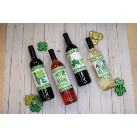 St. Patrick's Day Joy & Love Themed Waterproof Wine Bottle Sticker Wrappers, 4 3.75" x 4.75" Wrap Around Labels by AmandaCreation (Wine NOT Included)