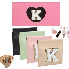 AIBFRID 4 PCS Small Initial Makeup Bag for Purse Mini Portable Cosmetic Bags for Women Coin Purse Lipstick Cosmetic Accessories Organizer Small Travel Kit Storage Pouch (K, Middle (4.7” W x 4.5” H))