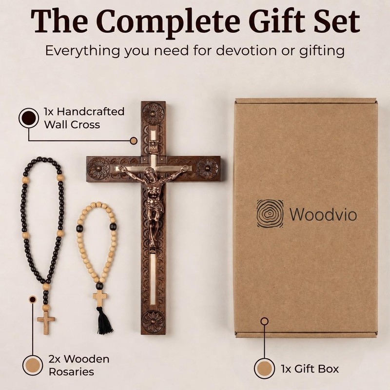 Woodvio - Handmade Wooden Wall Cross, Hand Carved Surface, Catholic
