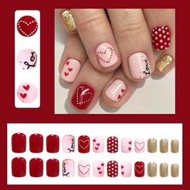24Pcs Valentines Heart Nails Press on Nails Short Square Fake Nails Petite Pink Red Heart Acrylic Nails with Gold Glitter Polka Dot Love Design Full Cover False Nails for Women Girls DIY Manicure