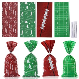 ALIBBON 100 Pcs Football Cellophane Treat Bags with 50 Silver Twist Ties for Football Party Favors - Heat Sealable, 11 x 5 Inch