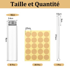 VEGCOO Plastic Test Tubes Sensory Bottle 110ml Clear Plastic Tube with Screw Cap Label and Cleaning Brush for Candy Flowers Spices (110ml/12