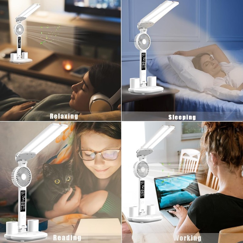 LED Desk Lamp Light with 2 Pen Holders, Time, Date,