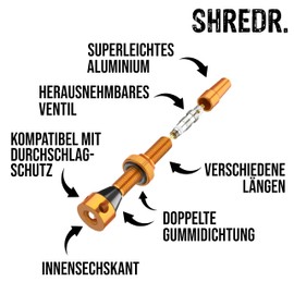 Shredr. Tubeless Valve Set, Orange, Presta Valves for Tubeless Tyres, Super Light Aluminium, Orange Anodised French Valve, For Normal Tubeless Rims