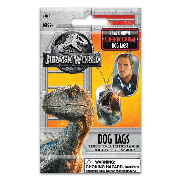 Jurassic World 97629520040 2018 Fallen Kingdom Dino Track Down Authentic Costume Dog Tags One Sticker and Checklist Inside, Jurassic Park Toys, Owen Grady (Chris Pratt) and Velociraptor