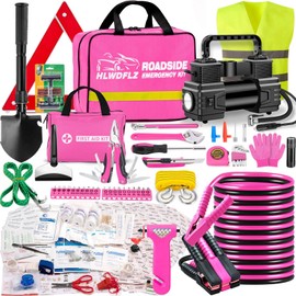 HLWDFLZ Car Emergency Kit with Portable Air Compressor - Roadside Assistance Emergency Kit, Winter Trave Assistance, Safety Emergency Kit for Cars, Trucks (Pink)