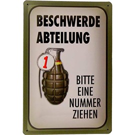 Tin Sign Tin Sign 20 x 30 cm Complaint Department Number Pull Hand Grenade Funny Saying for Workshop Home Hobby Office Workshop