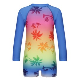 Zestonie Girls One Piece Rash Guard Swimsuits for Girl Long Sleeve Bathing Suits with UPF 50+ Sun Proctection Swimwear Blue Neon Palms 5T