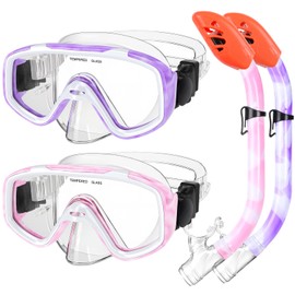 Kids Snorkel Set, Children Anti-Fog Diving Mask Swimming Goggles Dry Top Snorkel Equipment Snorkeling Packages Swimming Gear for Youth Boys Girls Age 5-10 (Pink White+Purple White)