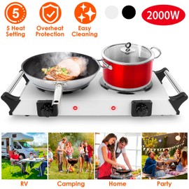 Electric Hot Plate, 2000W Countertop Double Burner with Adjustable Temperature & Handles, Stainless Steel Coil Electric Stove for Cooking Cooktop for Home Kitchen Dorm RV Camp, White