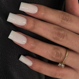 White Press On Nails Medium Long Square, Xcreando Medium Coffin Nails Acrylic Nails Press ons Glue on Nails Medium Length, Solid Color Fake Nails for Women, Natural Thick Artificial Nails Stick on