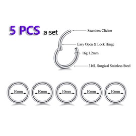 5 aretes de aro de acero quirúrgico de 16 g y 18 g para cartílago de tragus, tabique para mujeres y hombres, kit de joyería de piercing corporal, longitud de la barra 6 mm/8 mm/10 mm/12 mm/14 mm,